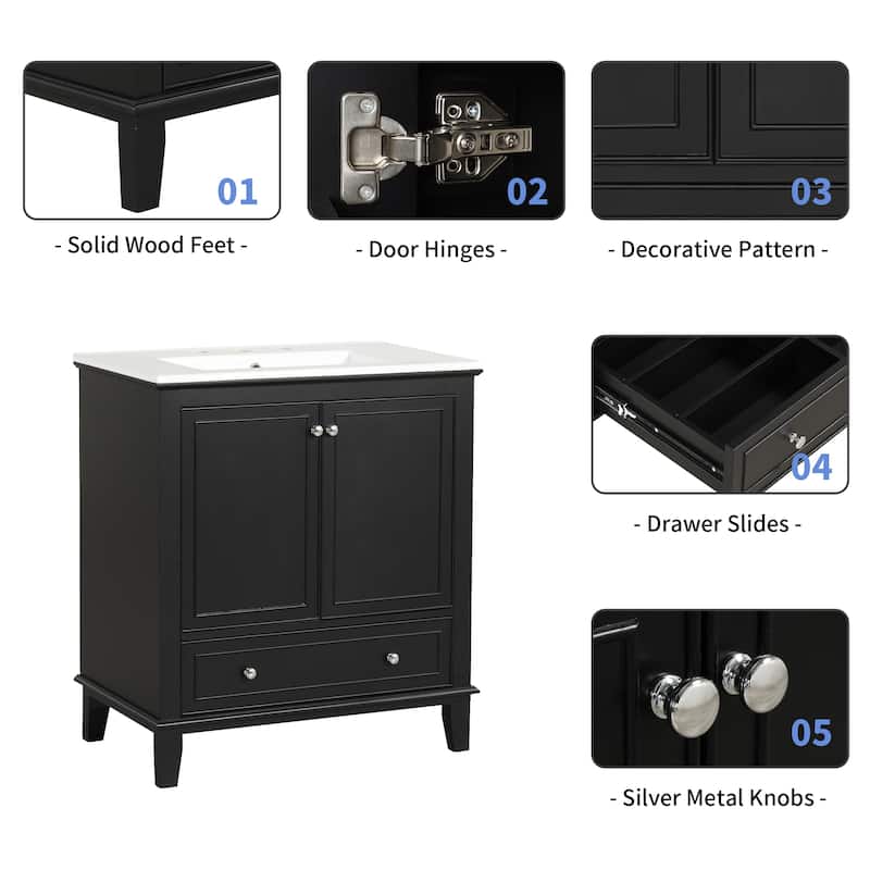 GDFStudio - Emerson 30-Inch Freestanding Bathroom Vanity with Ceramic Sink, Multi-functional Cabinet and Drawer, Painted Finish