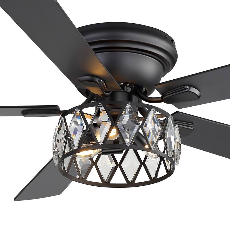 52" Flush Mount 5-Blade Modern Crystal Indoor Ceiling Fan with Light Kit and Remote