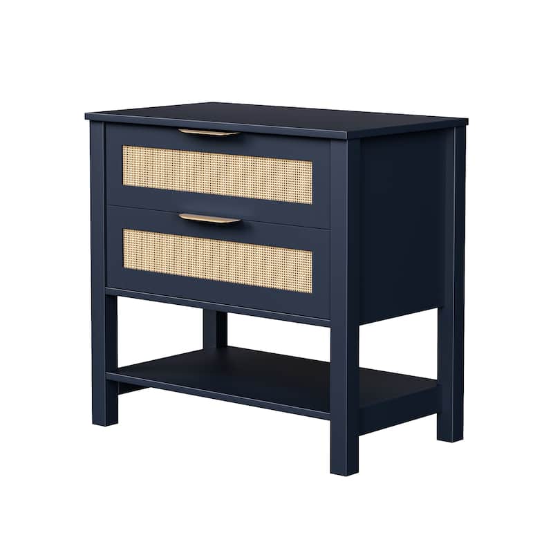 Rattan Nightstand with 2 Drawers and Storage Shelf Boho Bedside Narrow Side Table for Bedroom