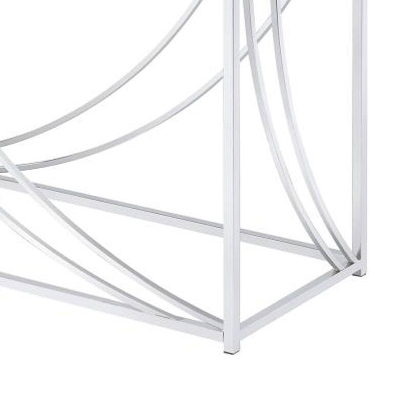 Glass Top Rectangular Sofa Table with Swooping Curves, Clear and Silver
