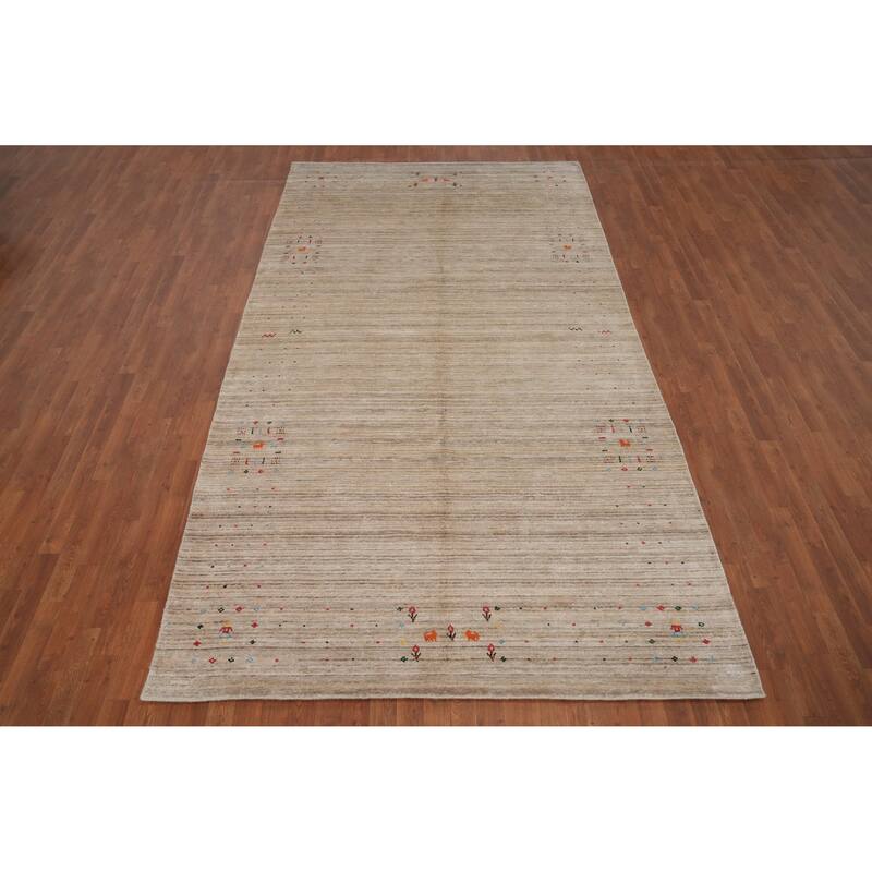 Hand Knotted Oriental Viscose Silk Carpet Tribal Animal Pictorial Beige & Ivories Gabbeh Area Rug - 12' 0'' X 6' 6''