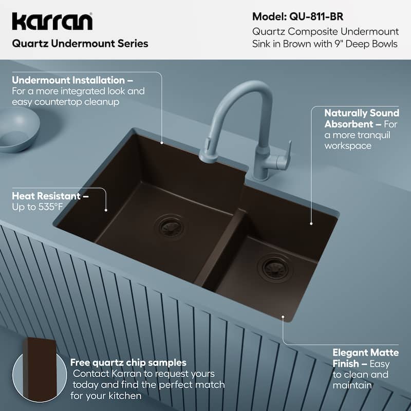 Karran Undermount Large/Small Bowl Quartz Kitchen Sink - 32" x 21.25" x 9" - 32" x 21.25" x 9"