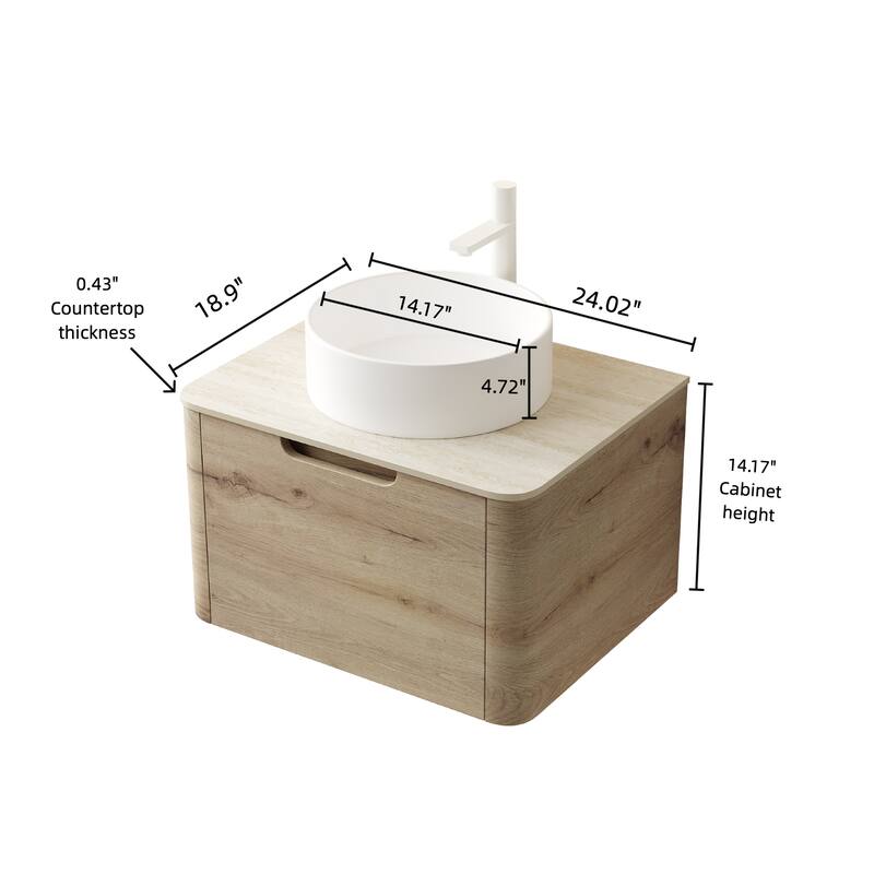Floating Bathroom Vanity with Round Sink, Wall-Mounted Bathroom Storage Cabinet with Roma Travertine-Pattern Sintered Stone Top