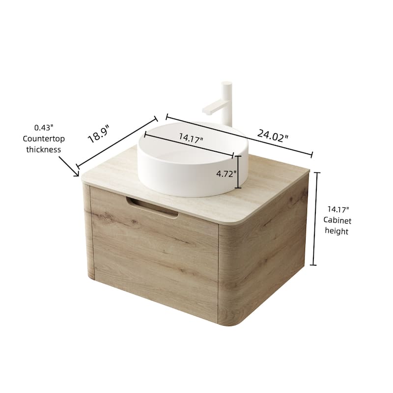 GDFStudio - Xai Floating Bathroom Vanity with Drawer, White Round Ceramic Basin & Travertine Sintered Stone Top, WITHOUT Faucet