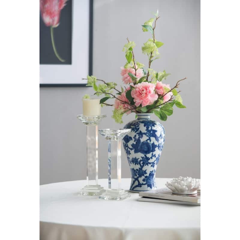 Floral Bird Porcelain Vase - 13" - Blue and White