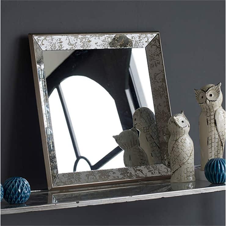 Antique Silver Square Hanging Mirror with Floral Accents Decorative