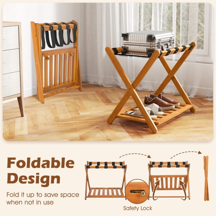 Set of 2 Oak Acacia Wood Folding 2-Tier Luggage Rack with Straps and Shelf - 27" x 16.5" x 23"