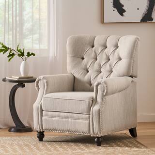 Beige Fabric Push Back Recliner with Footrest, Button-tufted Back, Nailheads