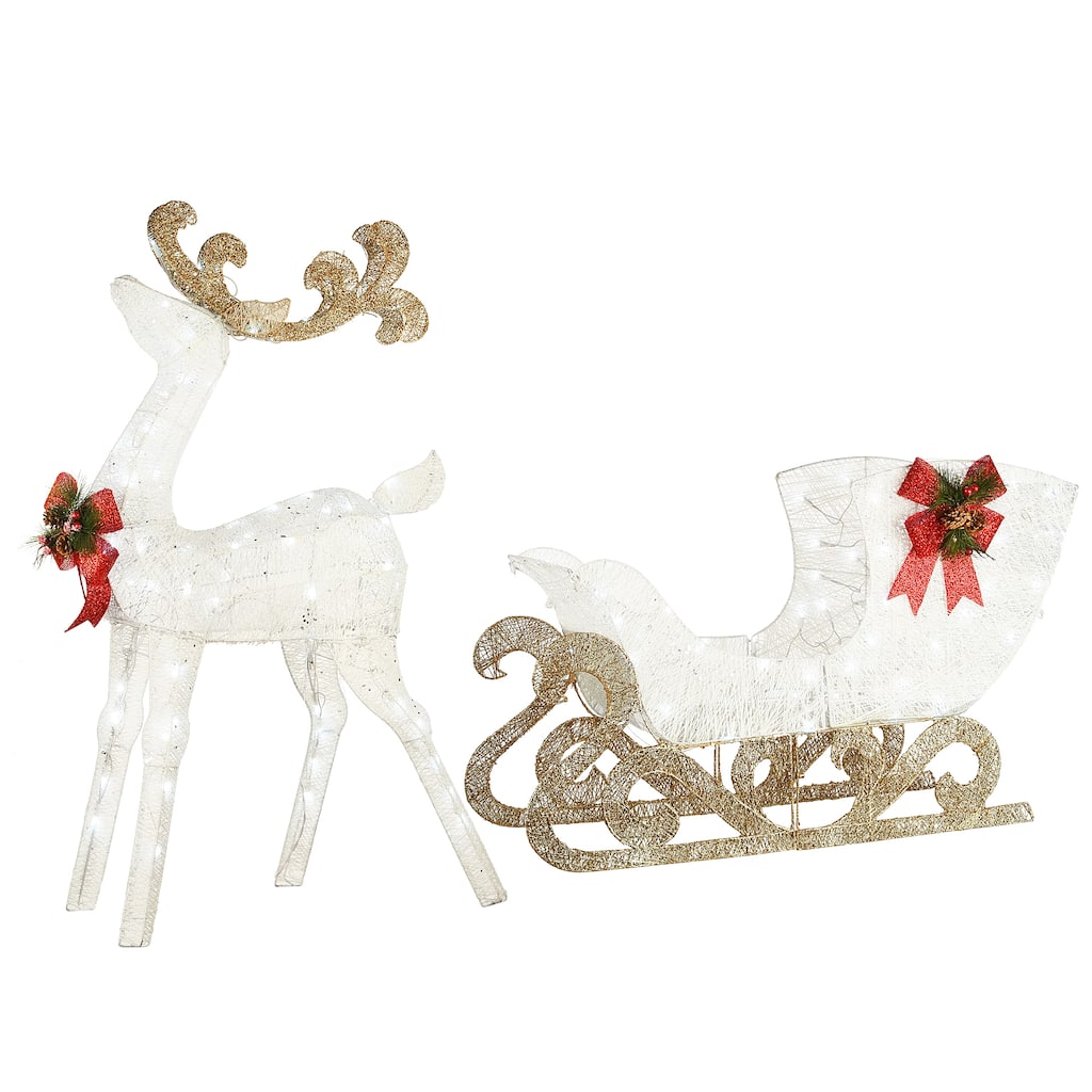 National Tree Company 48 in. White Sisal Reindeer Pulling 38 in. Sleigh with Red Bow and 140 Cool White LED Lights - 4 ft