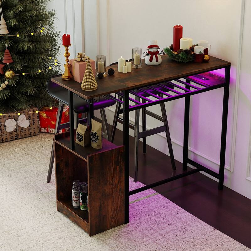 Gymax Rectangular Bar Table w/ Charging Station LED Light Wine Rack 2