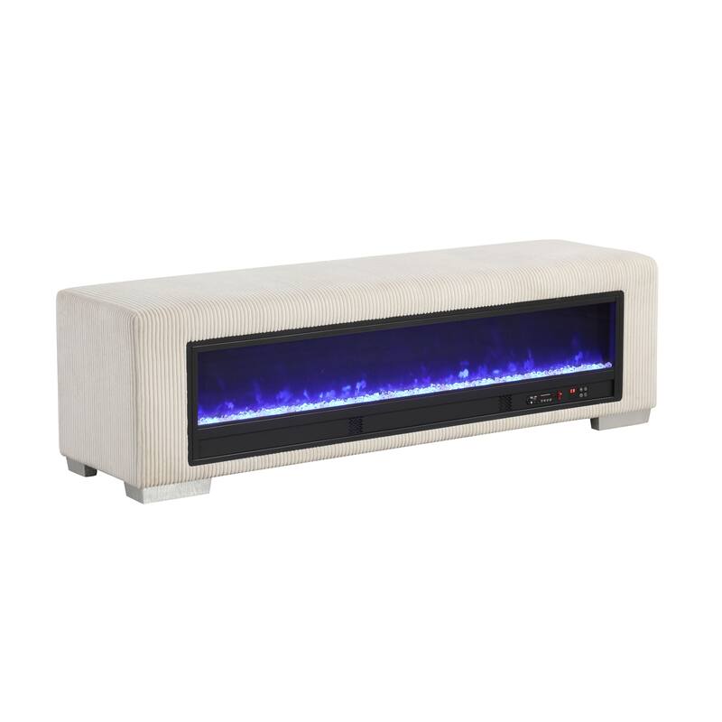 Furniture of America Goffney Chenille Bench with Fireplace Simulator and Bluetooth Audio