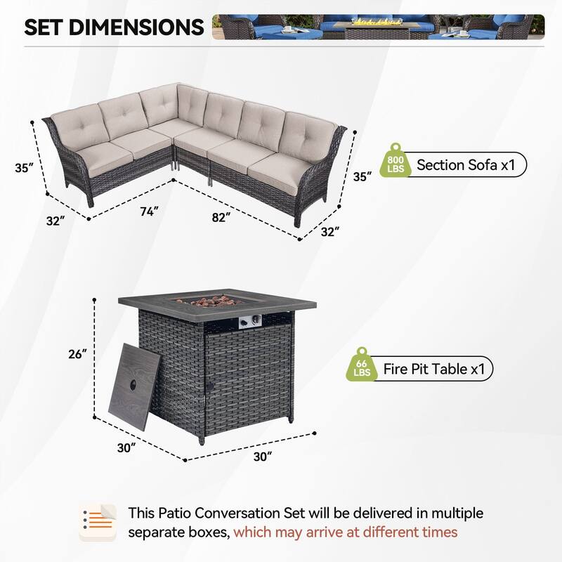 Outdoor 2 Sectional Sofa with Fire Pit Table Set