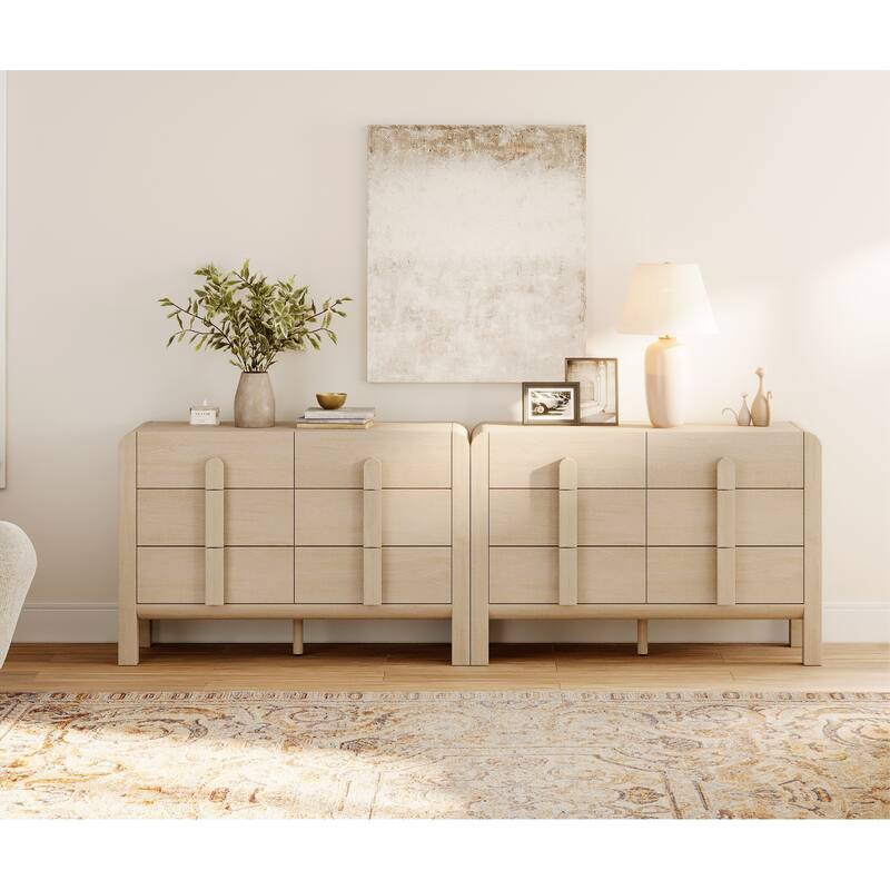 WAMPAT Mid Century 6 Drawer Dresser Set Of 2, 47.2" Modern Chest Of Drawers With Storage, Curved Profile Wood Double Dresser - Light Oak