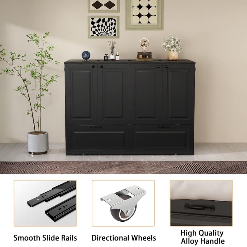 Murphy Bed Cabinet with Charging Port and Storage Drawer, White