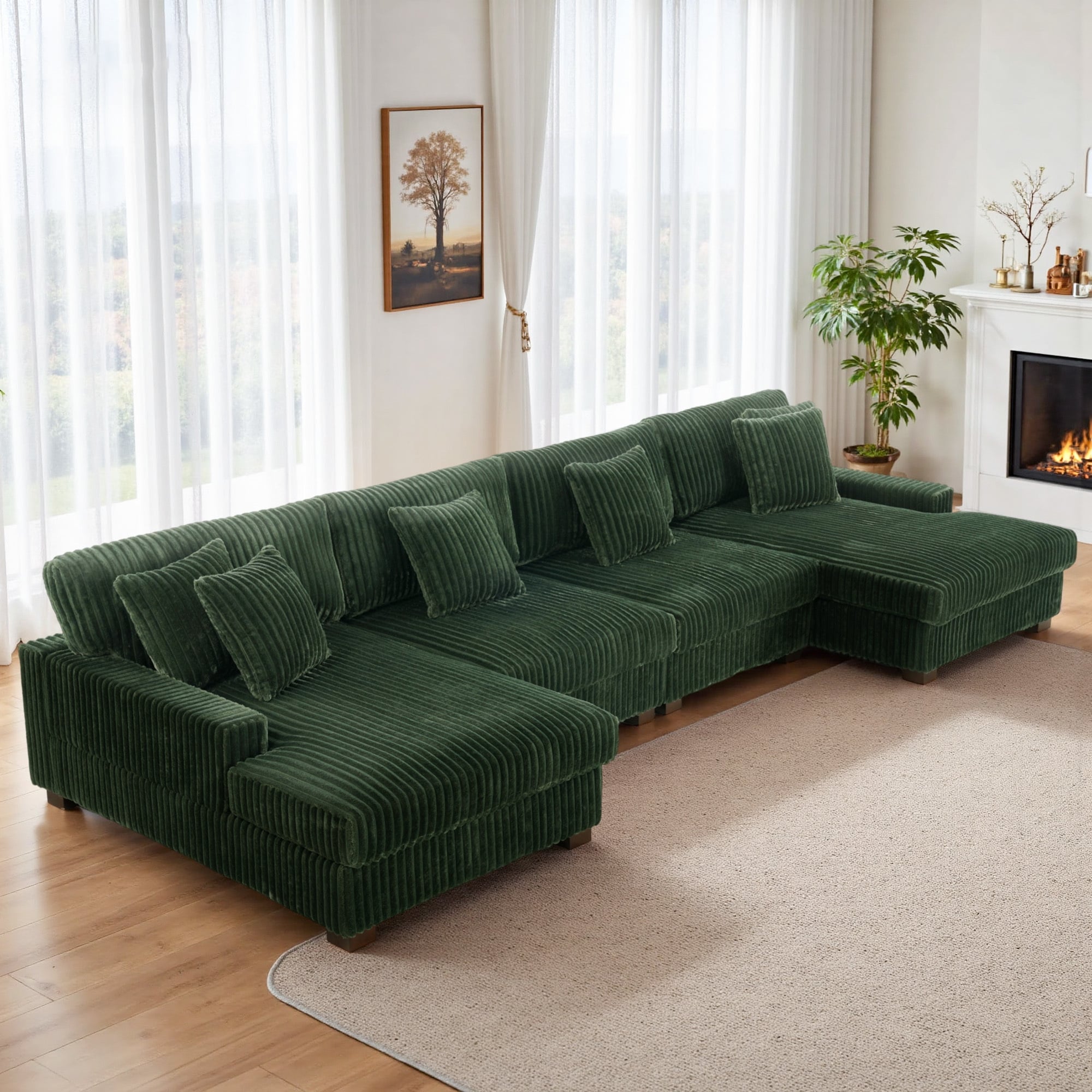 Anne 4-Piece Modular Corduroy Sectional Sofa, Generously Padded, L-shape, Green, Solid, Traditional, Wood Frame, Foam Filled, Plush Feel