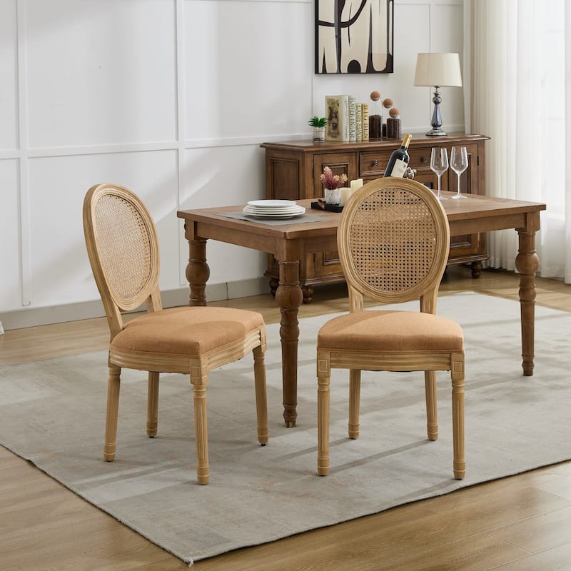 French Style Solid Wood Frame Antique Painting Linen Fabric Rattan Back Dining Chair,Set of 2 - Brown