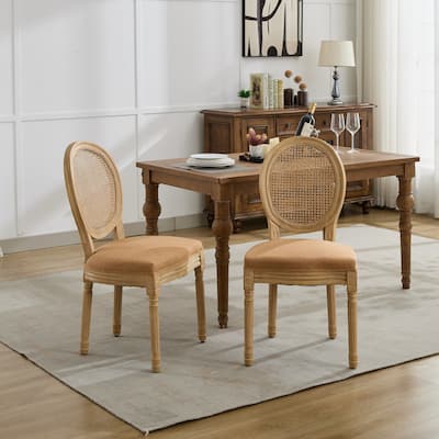 Furniture,French Style Solid Wood Frame Antique Painting Linen Fabric Rattan Back Dining Chair,Set of 2,Tan
