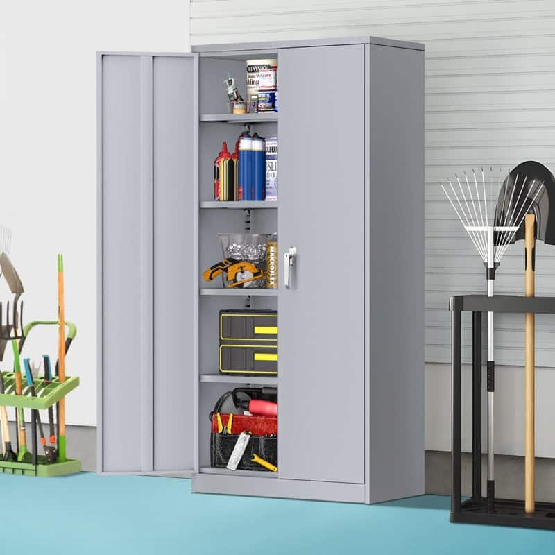 Tall Metal Locker Garage Storage Cabinet with Locking Doors and Adjustable Shelves for Office, Garage, Home, Pantry - Cement Grey