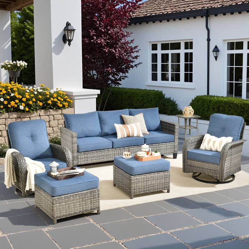 HOOOWOOO 6-piece Grey Wicker Outdoor Swivel Rocking Chair Set for Patio - Denim Blue