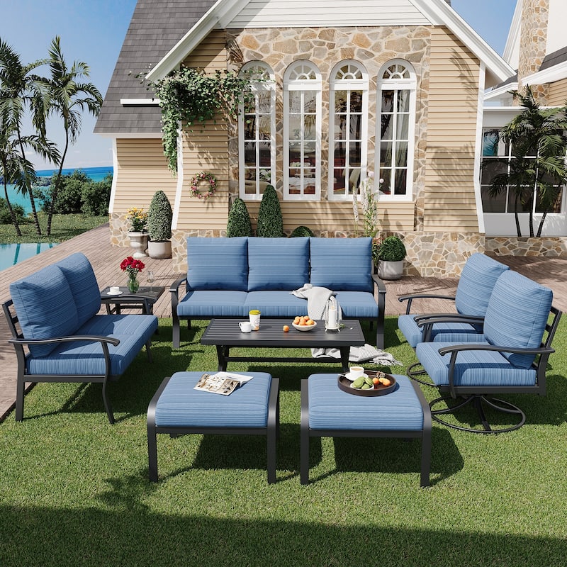 EROMMY Patio Set: 360° Swivel Rockers, Sofa, Ottomans & Table – Outdoor Conversation Set for Poolside, Garden & Deck - 8 PCS - Sofa & Swivel Rocking Chair - Blue