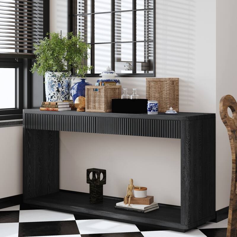 60" Modern 2-Drawer Fluted Console Table Natural Wood Veneer Sofa Table Behind Couch Table for Living Room, Hallway, Entryway