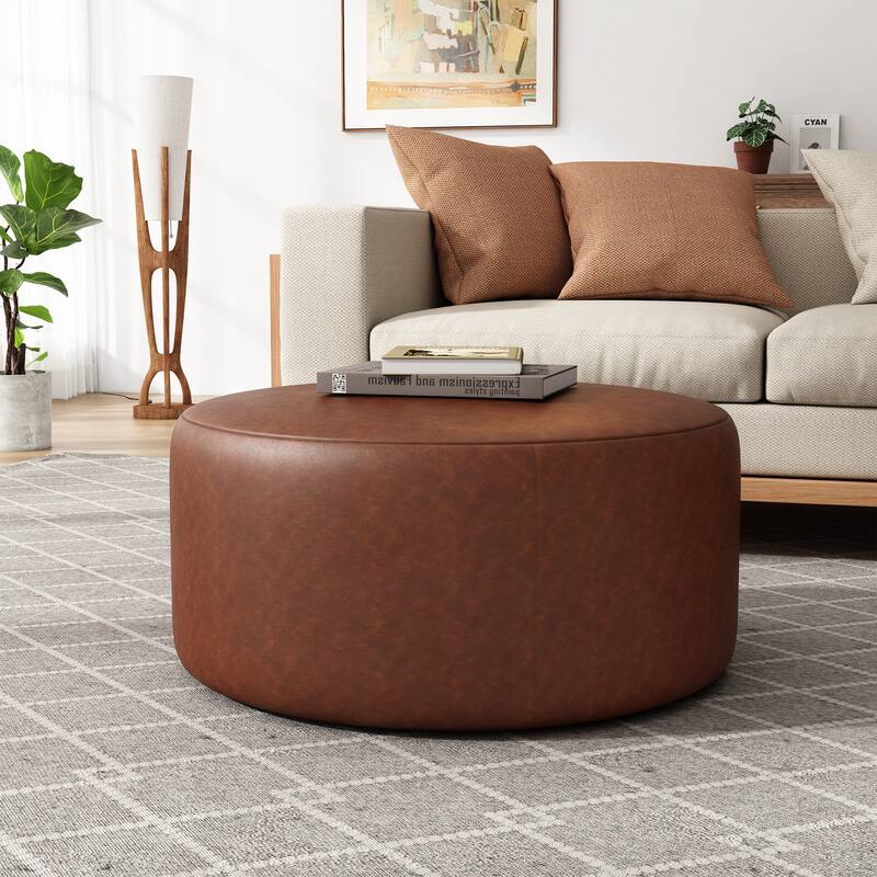 PU Leather Round Ottoman - Classic Brown Upholstered Accent Furniture