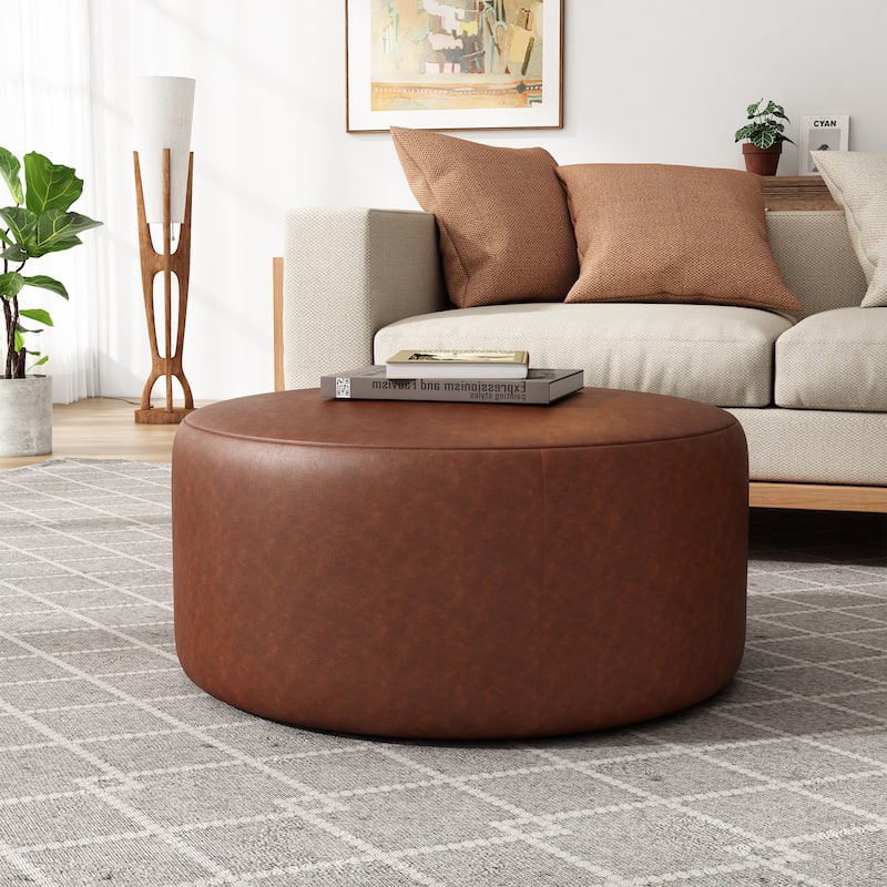 Roomfitters Upholstered Round Ottoman with Corduroy Fabric, Modern Coffee Table Footrest for Living Room