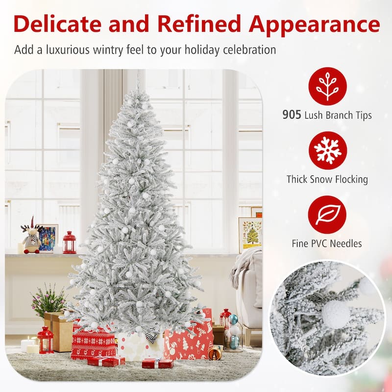 Gymax 6/7/8 FT Snow-flocked Artificial Christmas Tree w/51/65/81 - Green+White