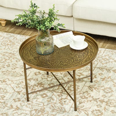24" Round Coffee Table with Hammered Tray Top, Vintage Metal Center Table for Living Room, Bedroom, Side Table, Gold