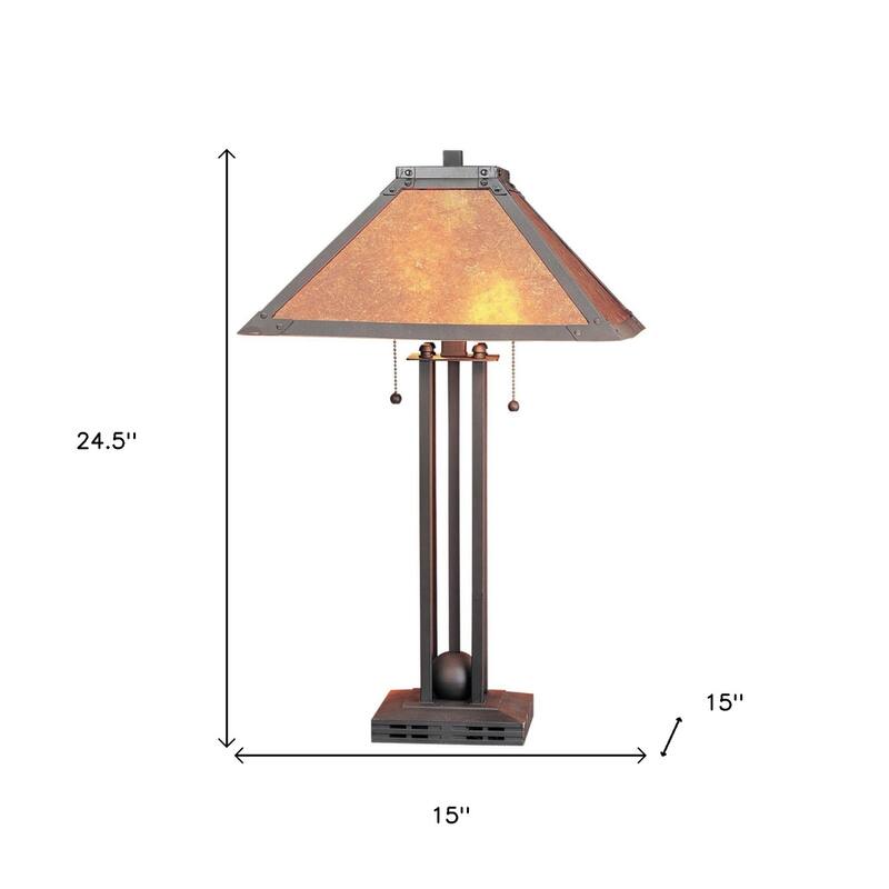 25" Grey Rust Metal Table Cylinder Lamp with Amber Square Mica Shade and Pull Chain for Bedroom - 24.5”H x 15”W x 15”D