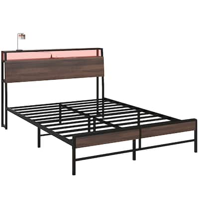 Bed Frame with Headboard, Platm Bed Frame withCharging Station