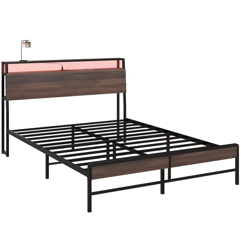 Queen Bed Frame with LED Lights, Charging Station, 3-Tier Storage Shelf, Steel Slats, No Box Spring Needed - Walnut