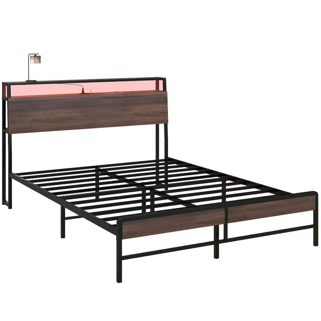Queen Size Platform Bed with RGB Lighting, Charging Shelf And 3-Tier Under-Bed Storage