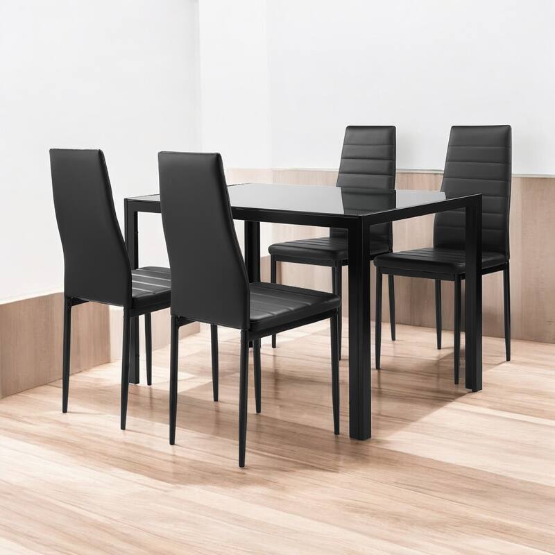 5-Piece Modern Glass Dining Table Set with 4 PU Leather Chairs, Metal Frame Kitchen Table Set for Small Spaces and Dining Room