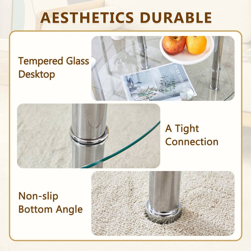 Contemporary Minimalist Double Layer Tempered Glass Coffee Table,Reinforced Glass Tabletop,Stainless Steel Plated Legs