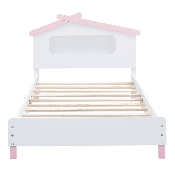slide 2 of 9, Wood Bed Frame w/ House-Shaped Headboard & Motion Activated Night Lights,White+Pink, Twin