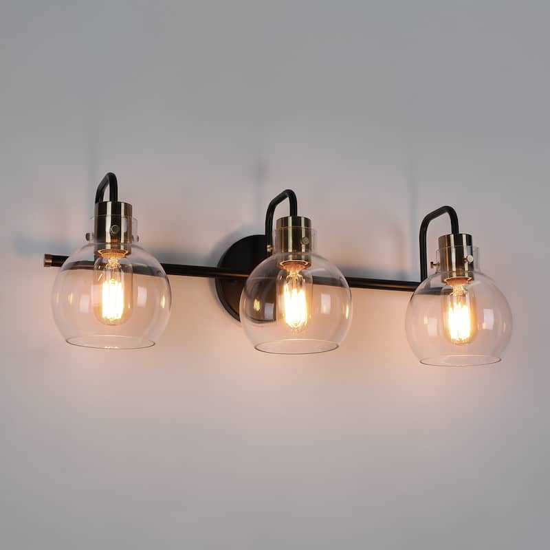 Modern 3-Light Black Gold Bathroom Vanity Lights Wall Lighting with Clear Globe Glass - 23" L x 8" W x 8" H