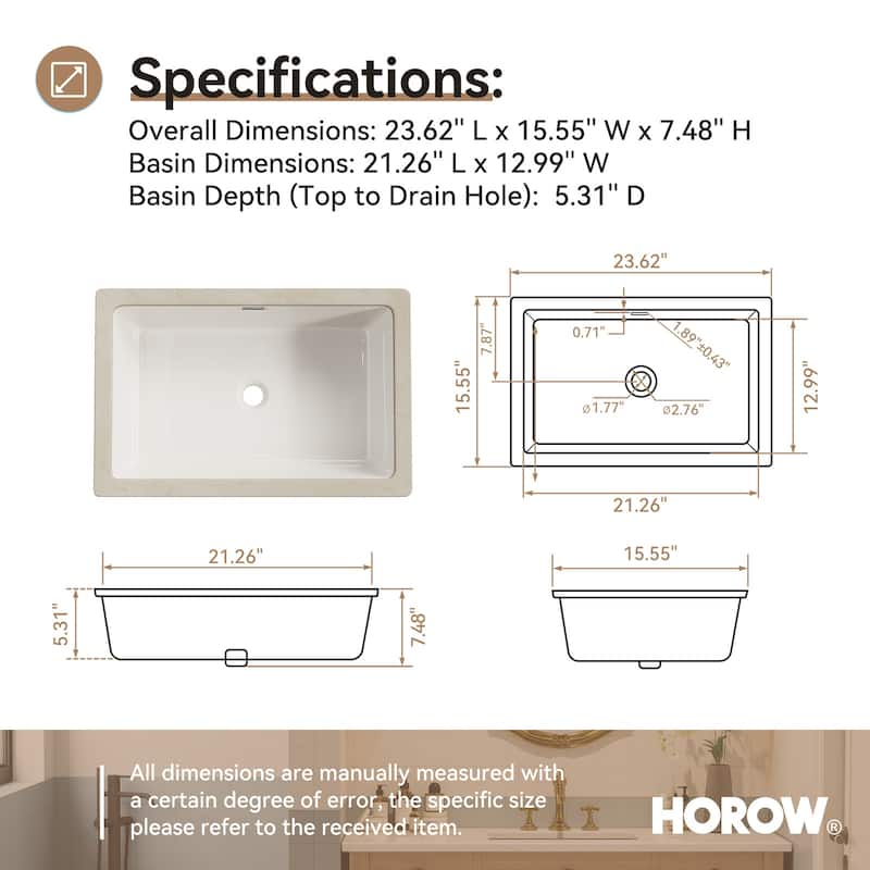 HOROW 23.63 in Rectangular Undermount Ceramic Bathroom Sink in Black with Overflow Drain