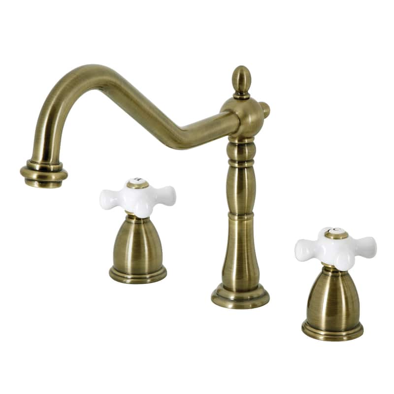 Kingston Brass Heritage Deck Mount Widespread Kitchen Faucet - Antique Brass