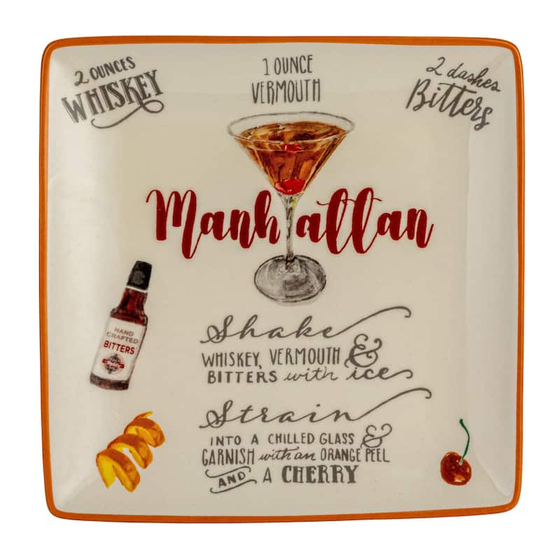 Stoneware Plate Set with Cocktail Recipes Design - 6.0"L x 6.0"W x 0.5"H