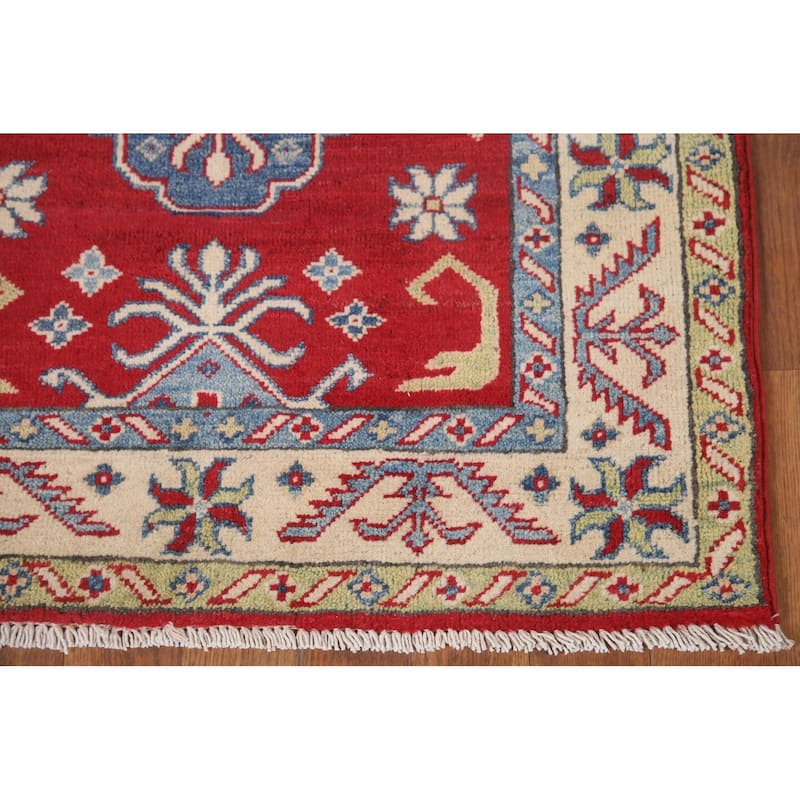 Hand Knotted Oriental 100% Wool Carpet Traditional Geometric Red Kazak Runner Rug - 8' 1'' X 2' 9''