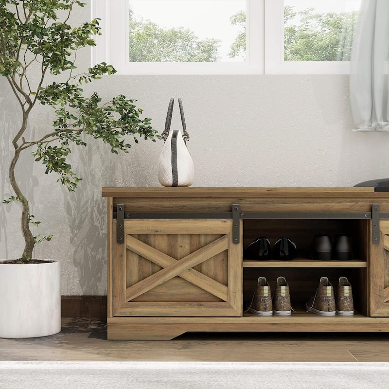 WESOME 47 inch Shoes Bench with Sliding Barn Door Storage Cabinet and Adjustable Shelves - 47.24"Lx15.35"Dx18.7"H