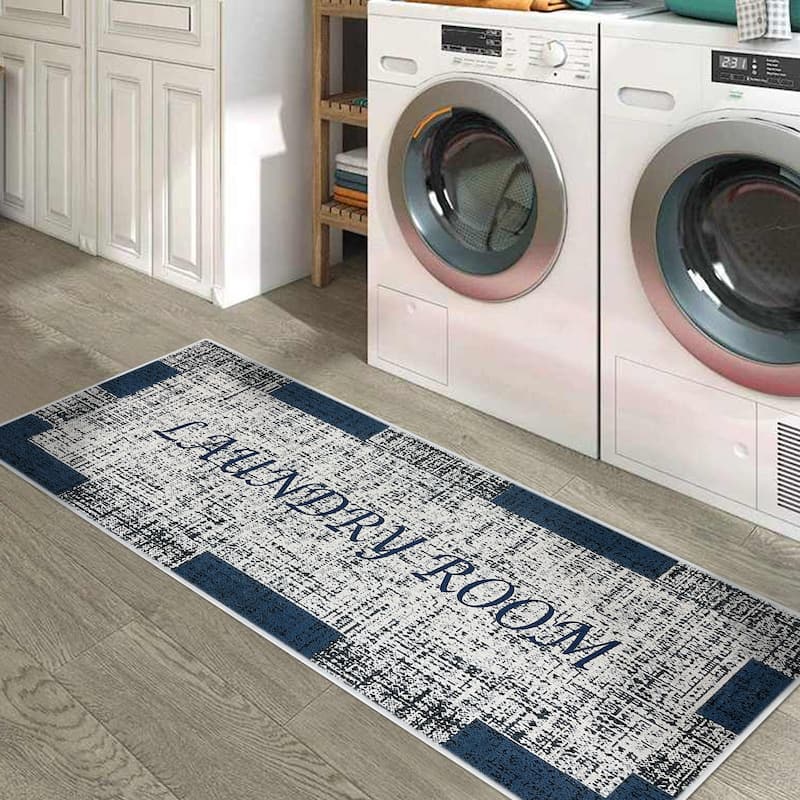 SussexHome Washable Ultra Thin Cotton Laundry Room Rug Runner - 20" x 59" - Navy&White