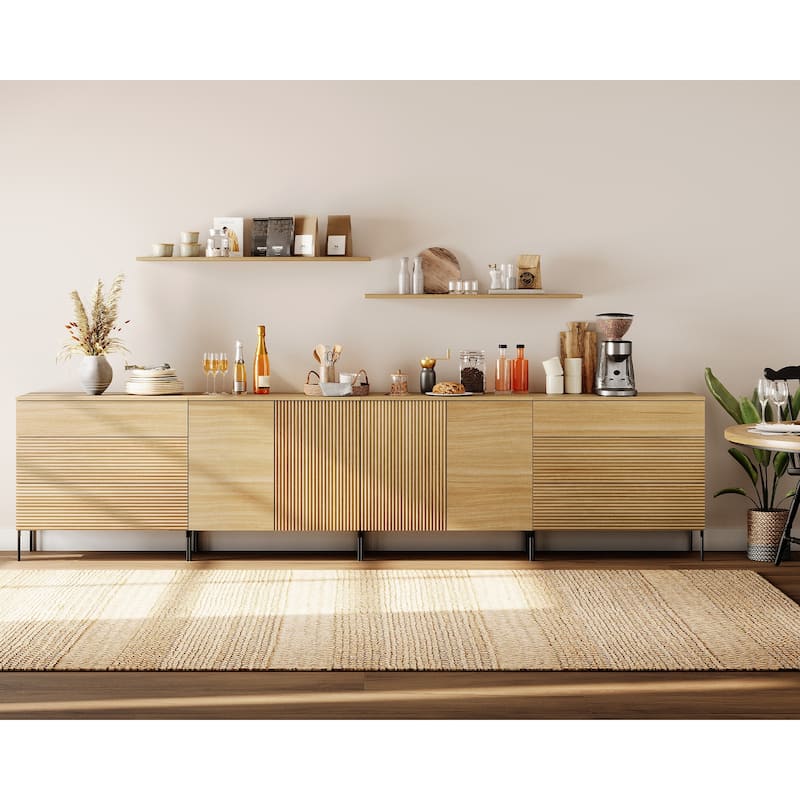 126" Modern Reeded 4-Door Sideboard With Drawers, 4-In-1 Wooden Credenza Storage Cabinet - Oak