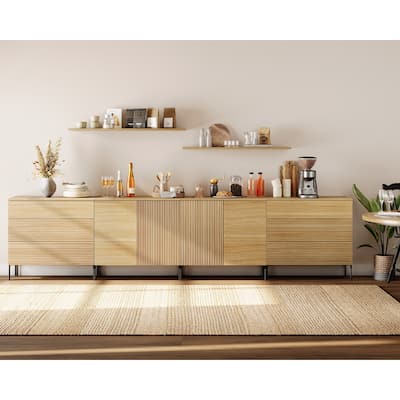 126" Modern Reeded 4-Door Sideboard With Drawers, 4-In-1 Wooden Credenza Storage Cabinet