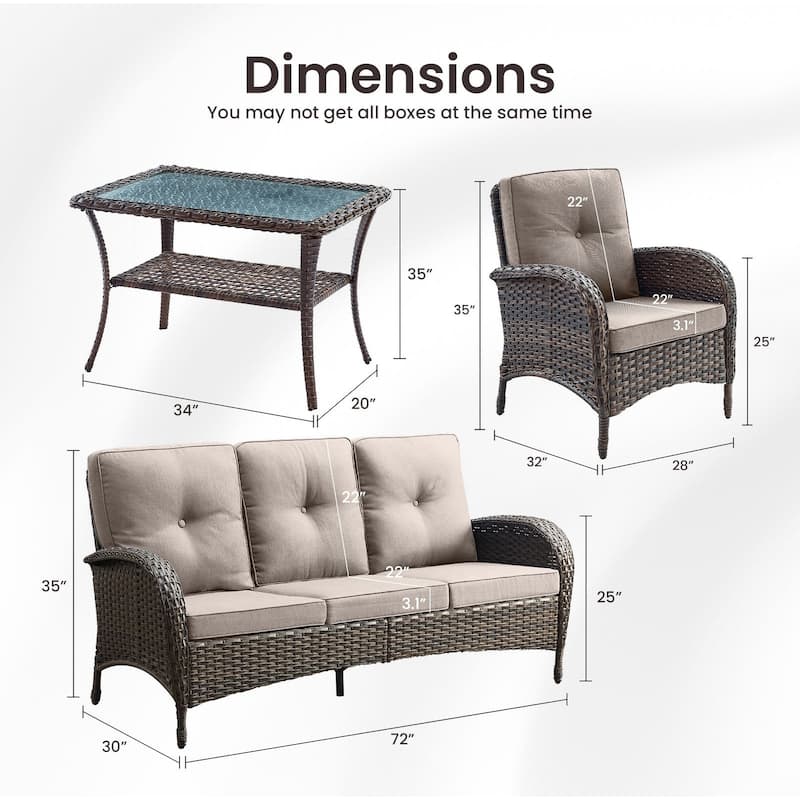 Gymojoy 4-Piece Outdoor Wicker Patio Furniture with 3 Seat Sofa, Rattan Coversation Set with Water Resistant Cushions