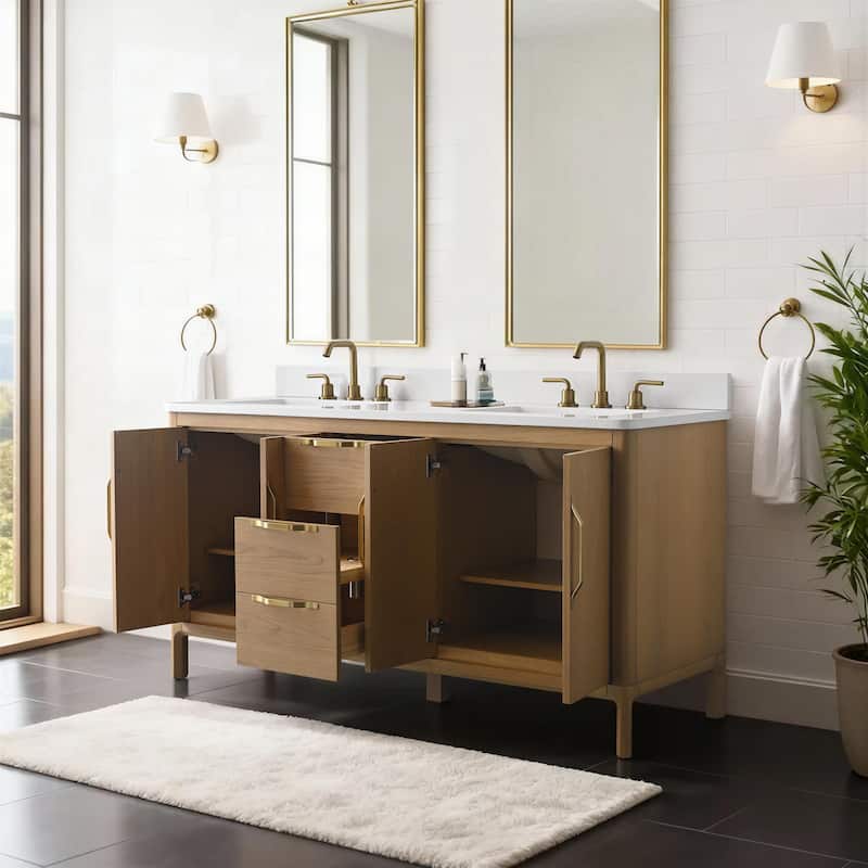 60" Freestanding Double-Sink Bathroom Vanity with Engineered Stone Top, Built-In Power Outlet, and Hair Dryer Storage