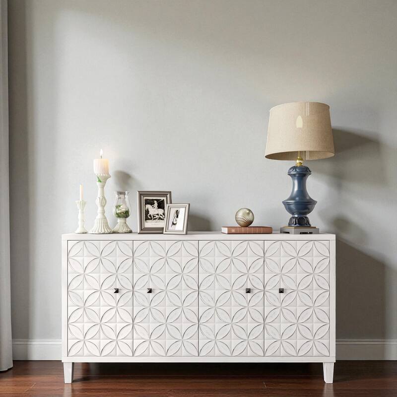 Farmhouse 60" 4-Door Wooden Accent Cabinet with Adjustable Shelves, White Wash Buffet Sideboard for Entryway