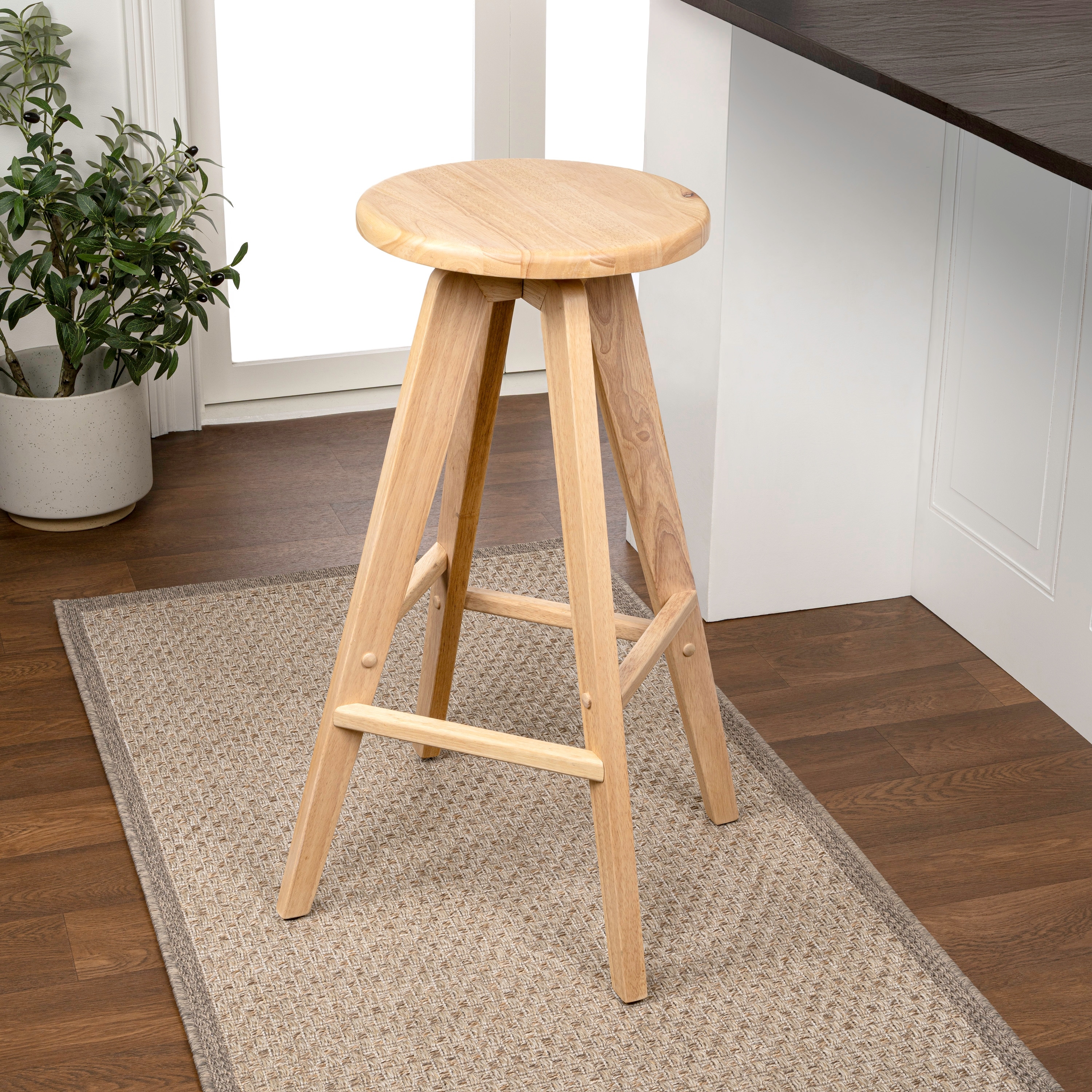 Ceren Minimalist Solid Wood Backless Bar Stool, Round Seat with Integrated Footrest for Kitchen Island and Home Bar