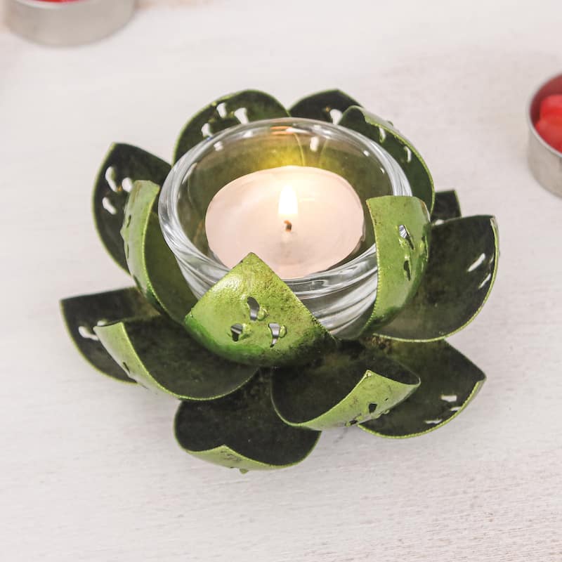 Novica Handmade Precious Lotus In Light Green Steel Tealight Holder